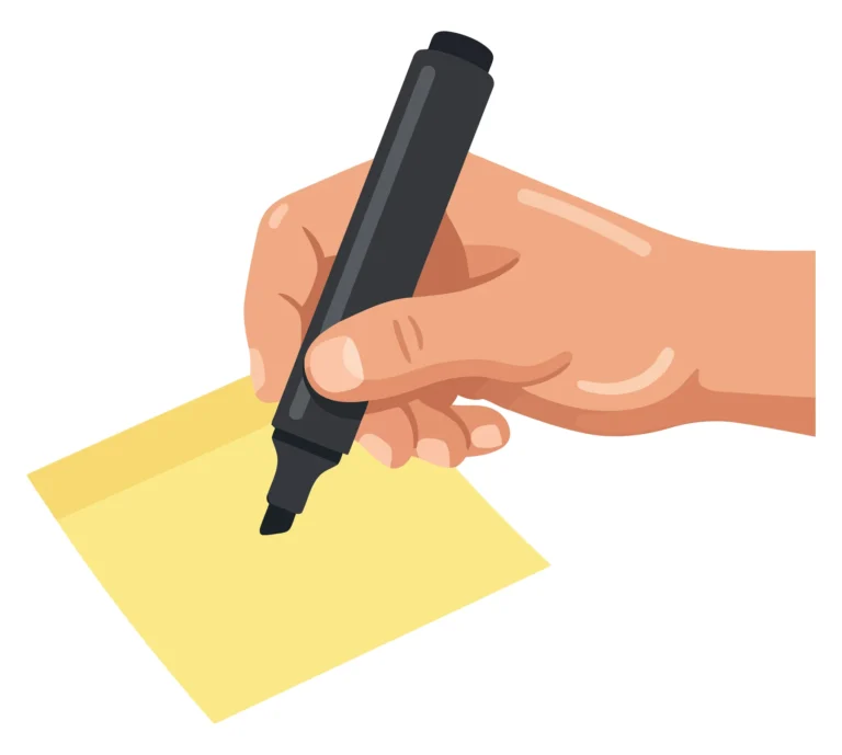 hand holding a black marker writing on a yellow sticky note