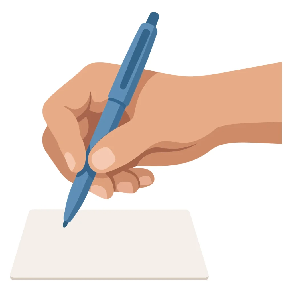 hand holding a blue pen writing on paper