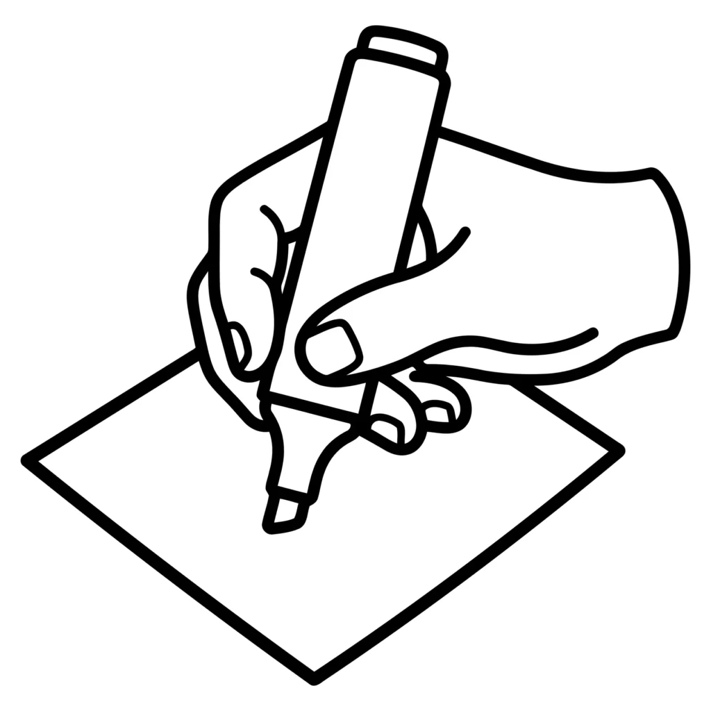 hand holding a marker writing on paper, line art icon