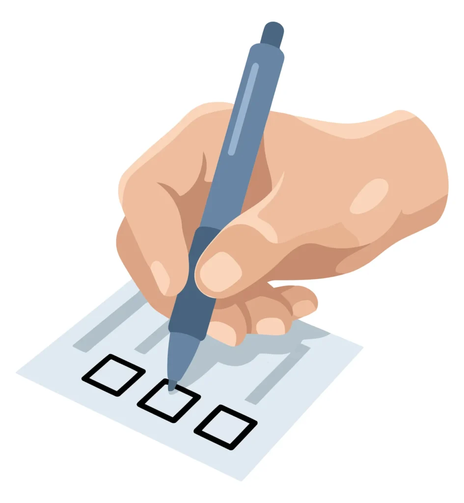 hand holding a pen filling out a survey form