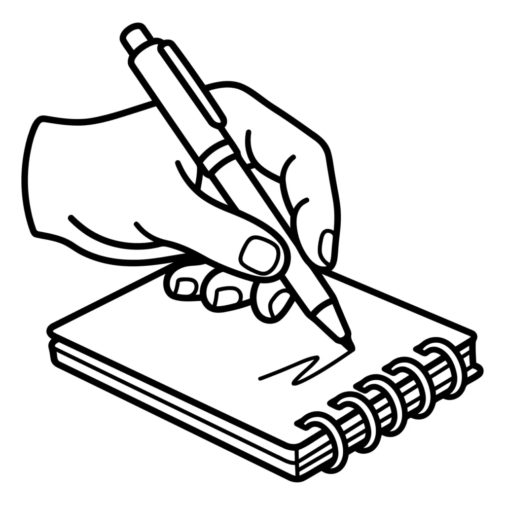 hand holding a pen writing in a spiral notebook