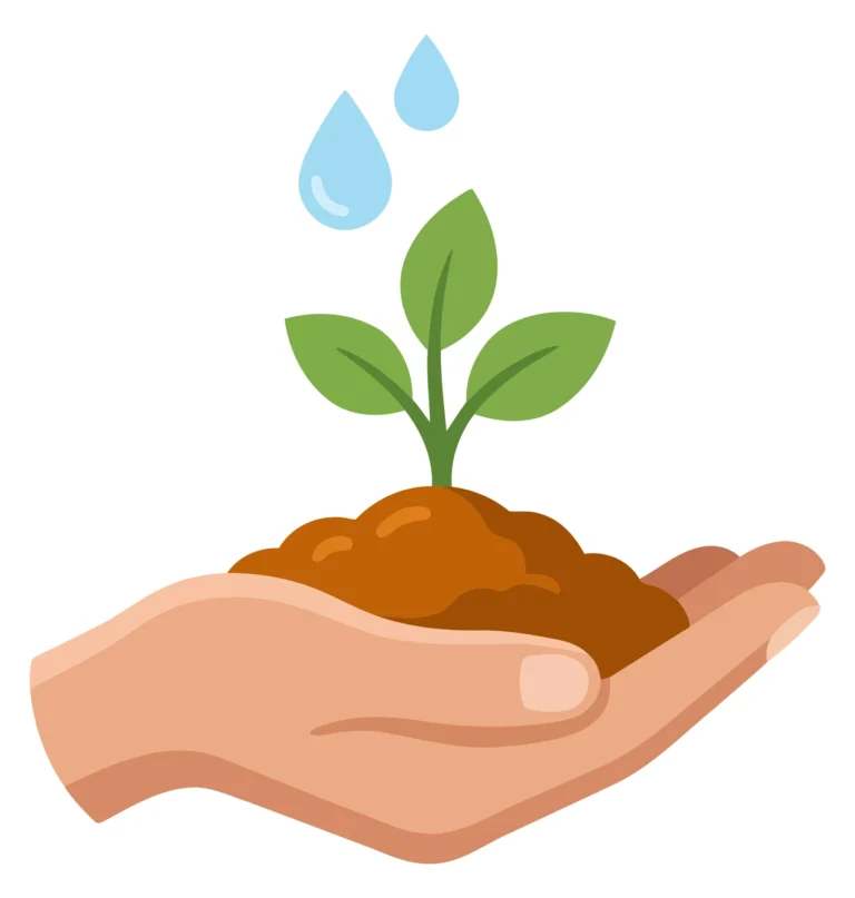 hand holding soil with young plant seedling and water drops vector illustration