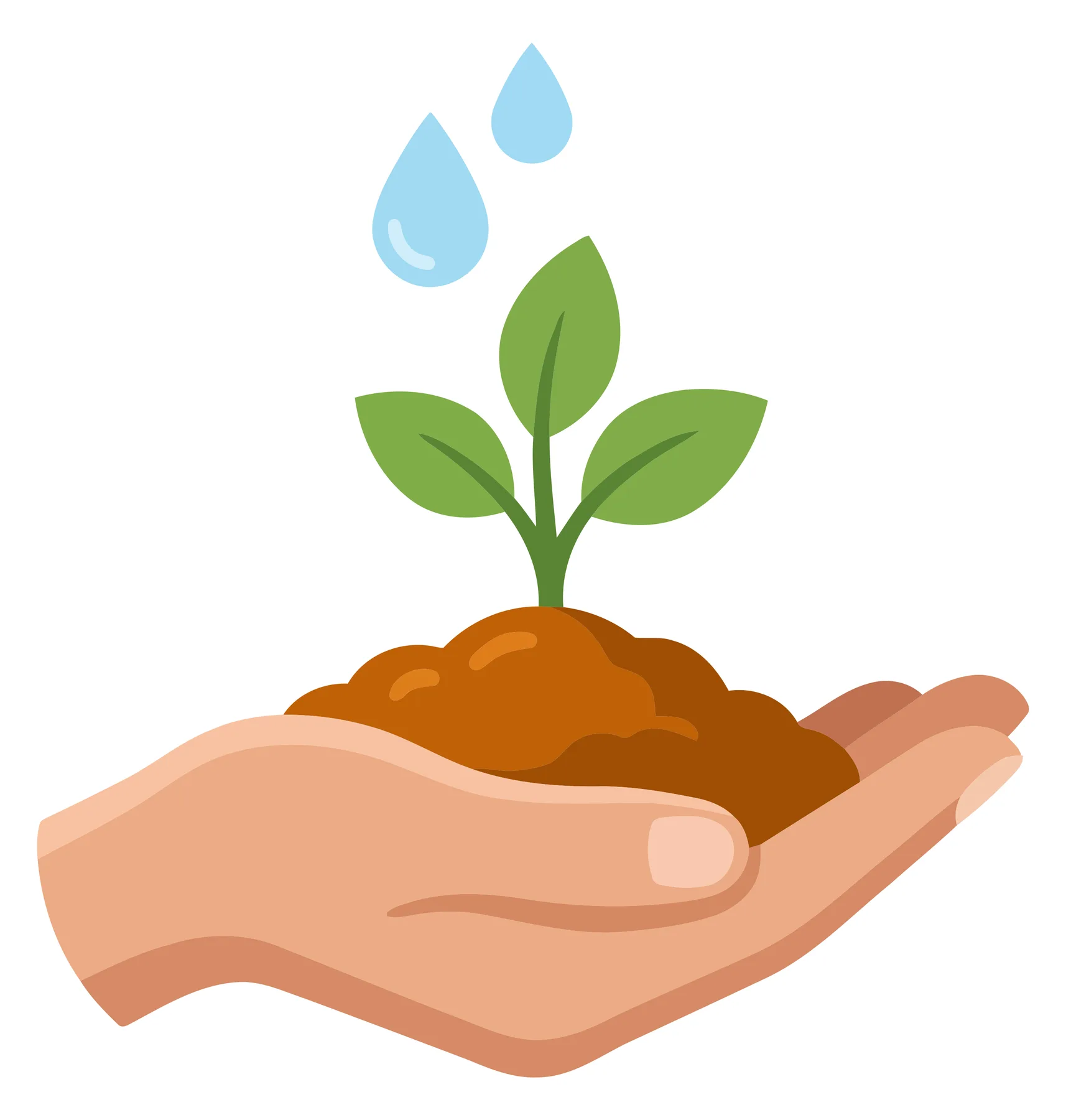 Hand holding soil with young plant and water drops vector
