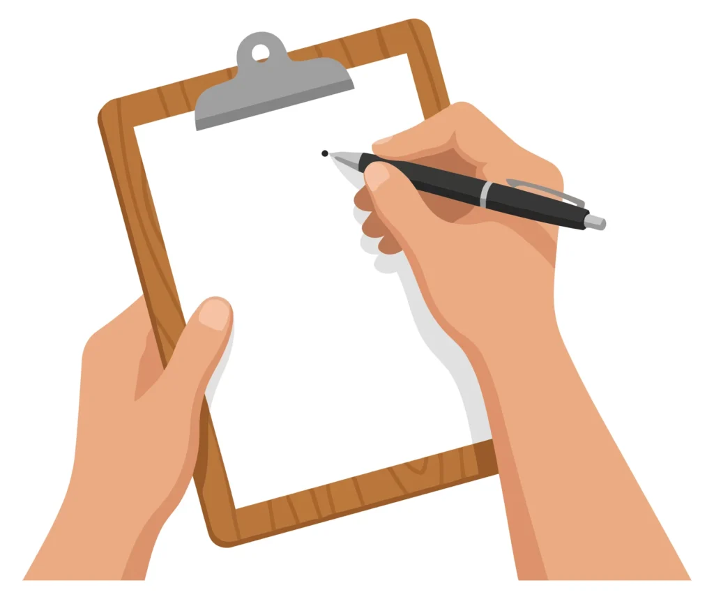 hands holding a clipboard and writing with a pen