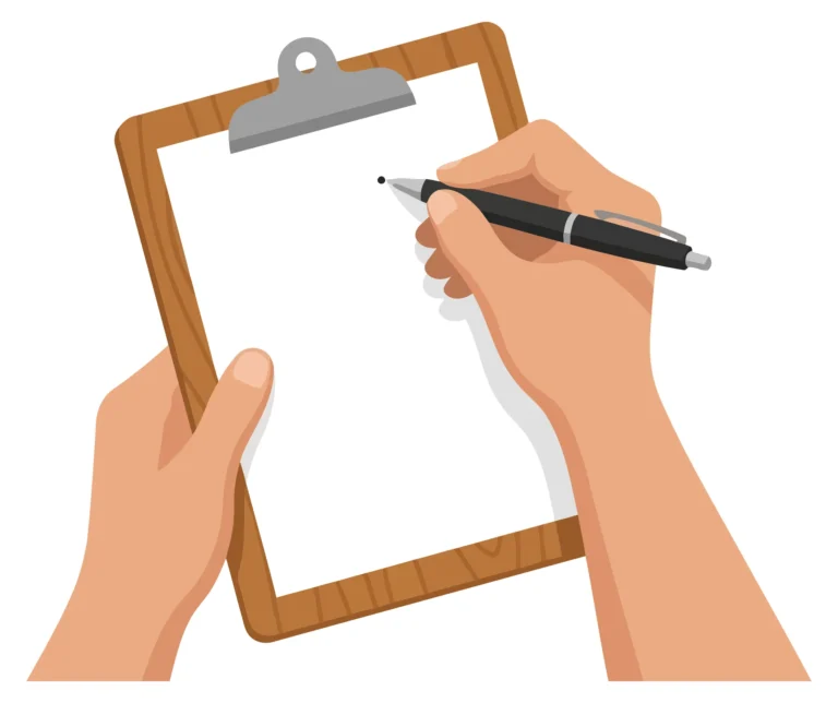 hands holding a clipboard and writing with a pen