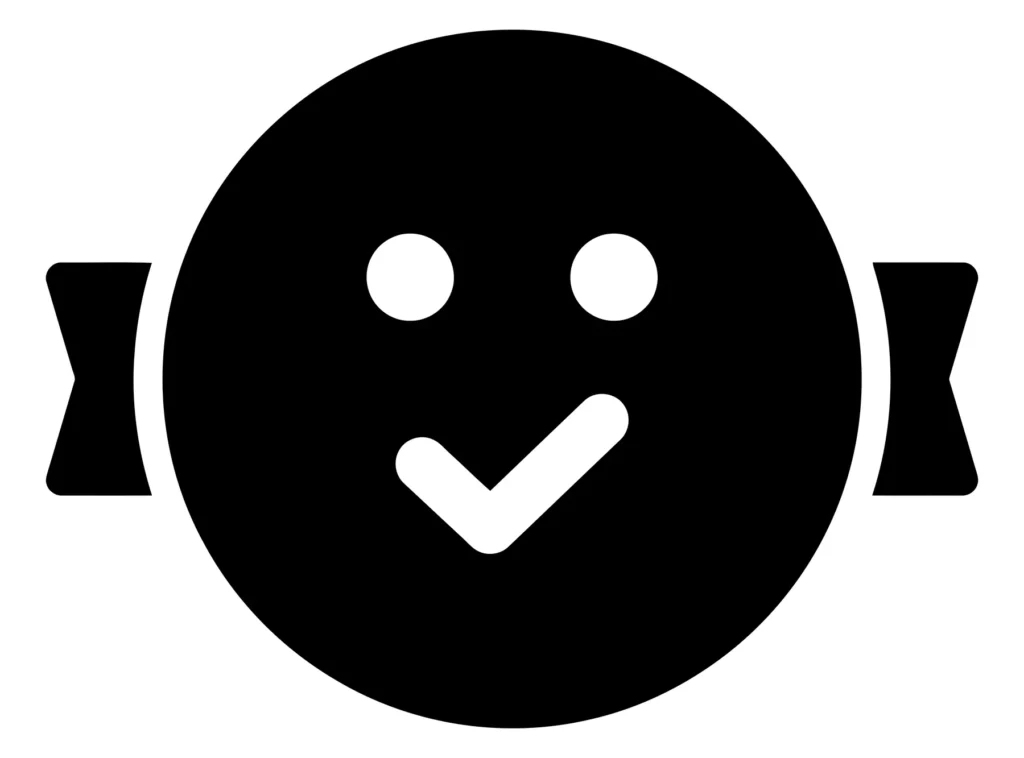 happy face icon with a checkmark, representing satisfaction, approval, or positive feedback