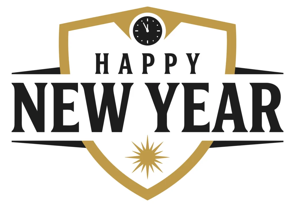happy new year emblem with clock and shield design