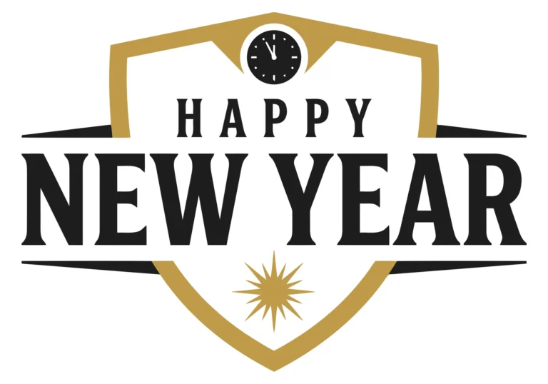 happy new year emblem with clock and shield design