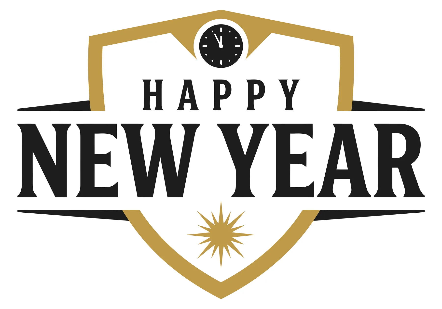 Happy New Year Shield Emblem with Clock and Star