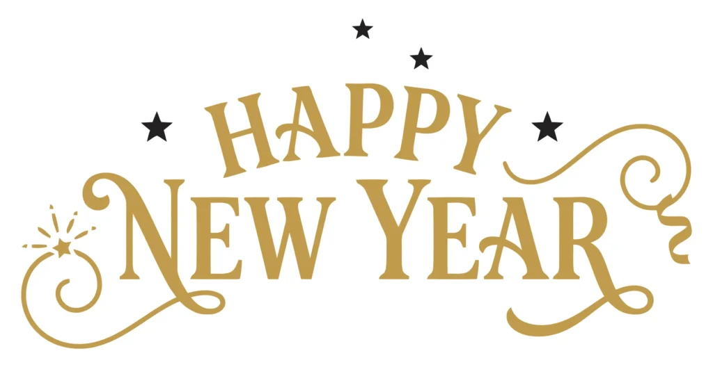 happy new year gold text with decorative stars and swirls