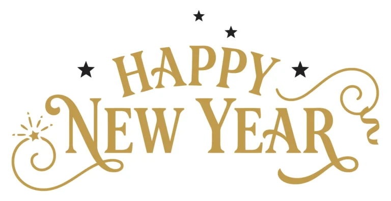 happy new year gold text with decorative stars and swirls