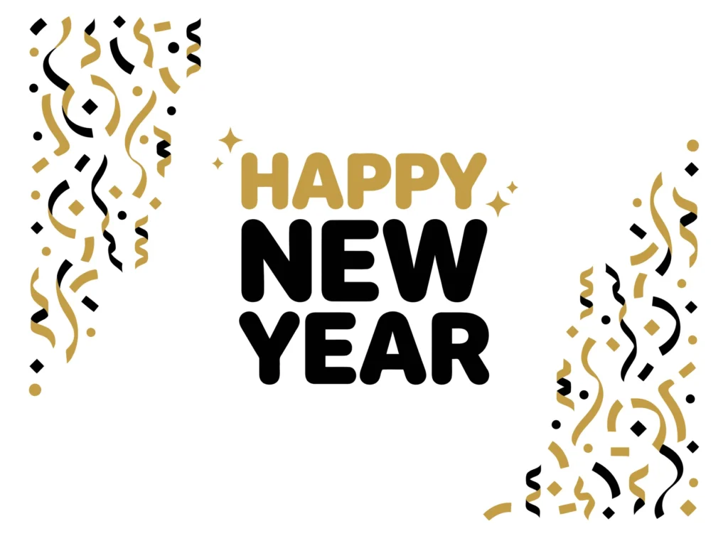 happy new year greeting card design with gold and black confetti