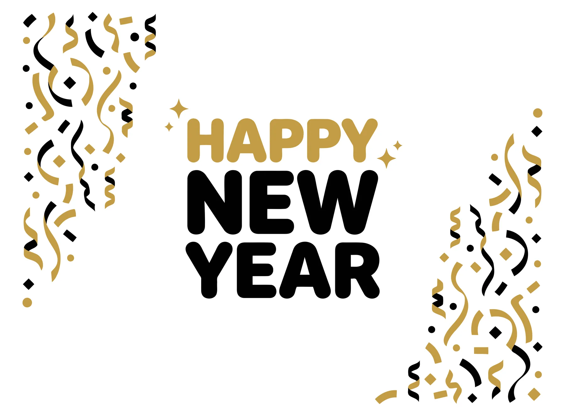 Happy New Year greeting card with gold and black confetti
