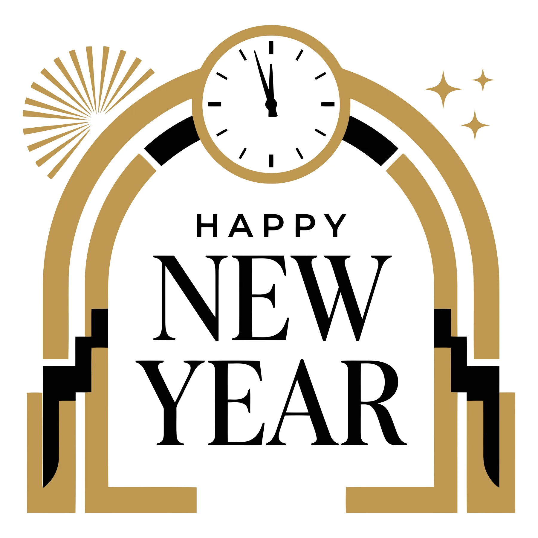 Art Deco New Year Greeting with Clock and Archway