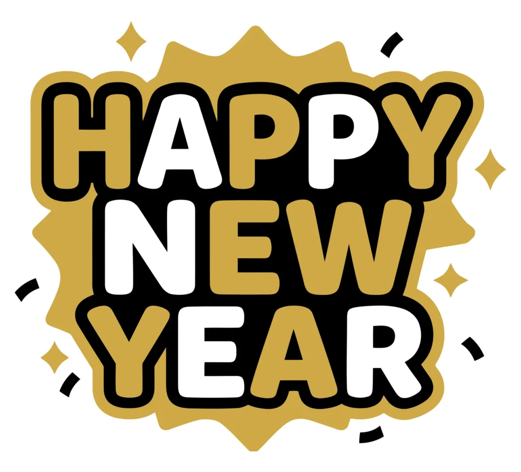 happy new year text logo, festive gold and white typography badge design with celebration stars