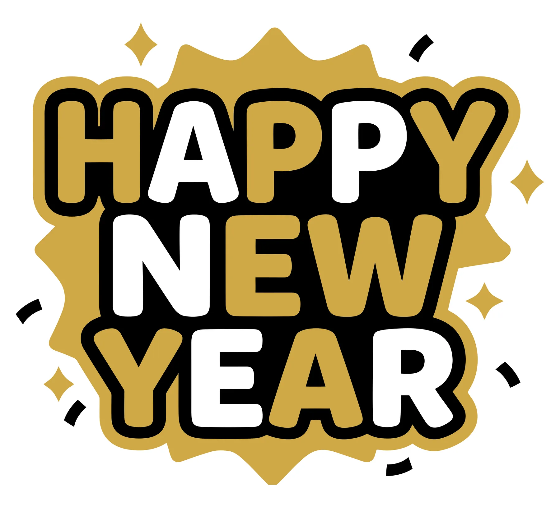 Festive Happy New Year Badge with Gold and White Typography