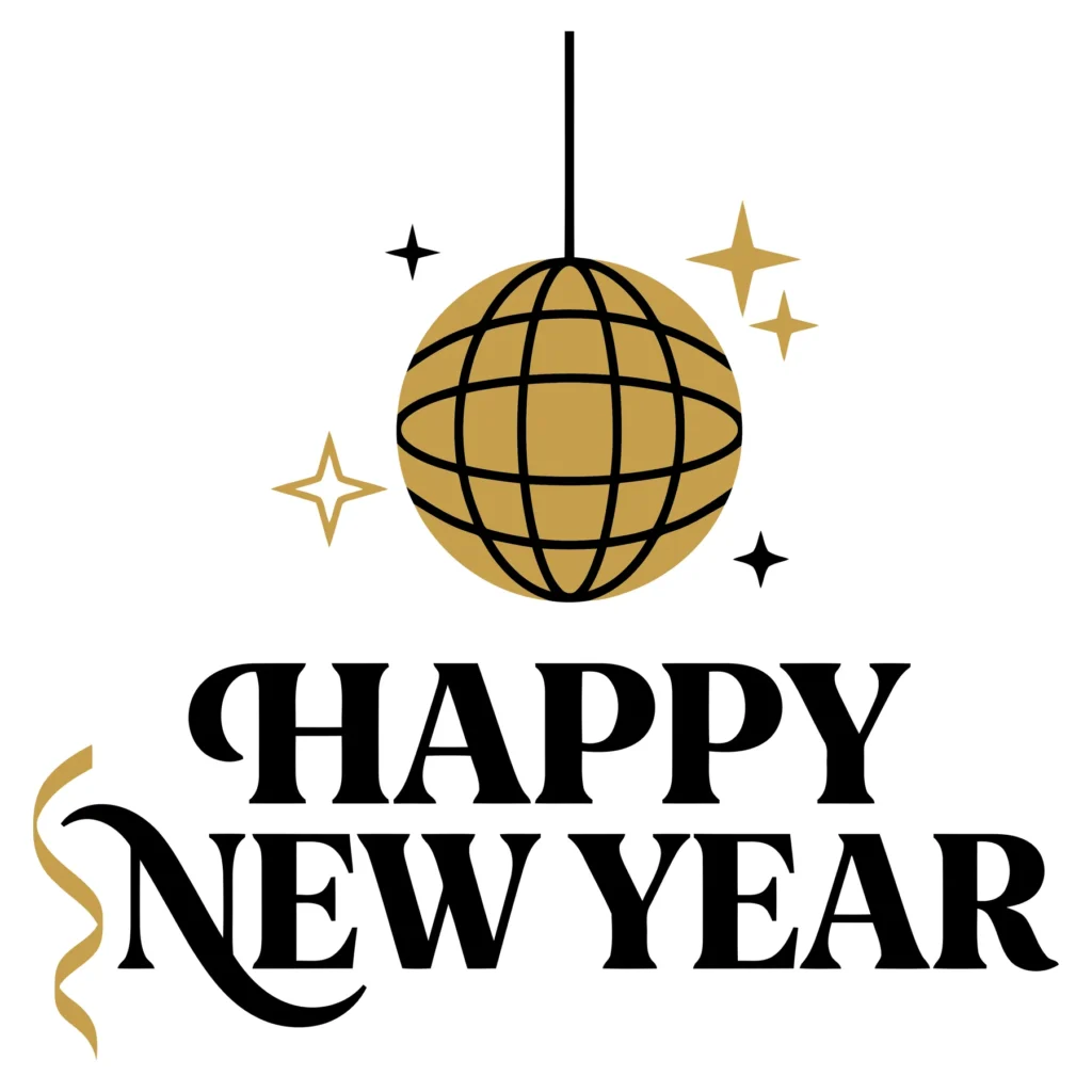 happy new year text with disco ball