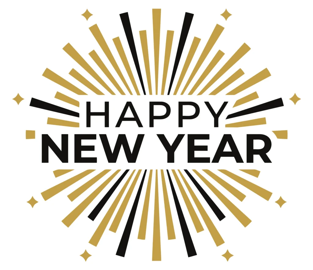 happy new year text with gold and black fireworks burst celebration design