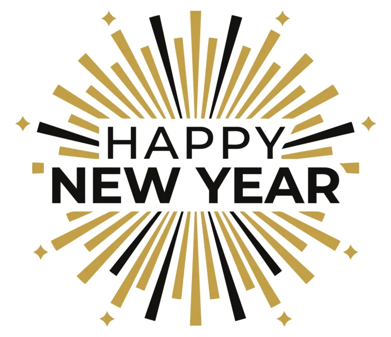 happy new year text with gold and black fireworks burst celebration design