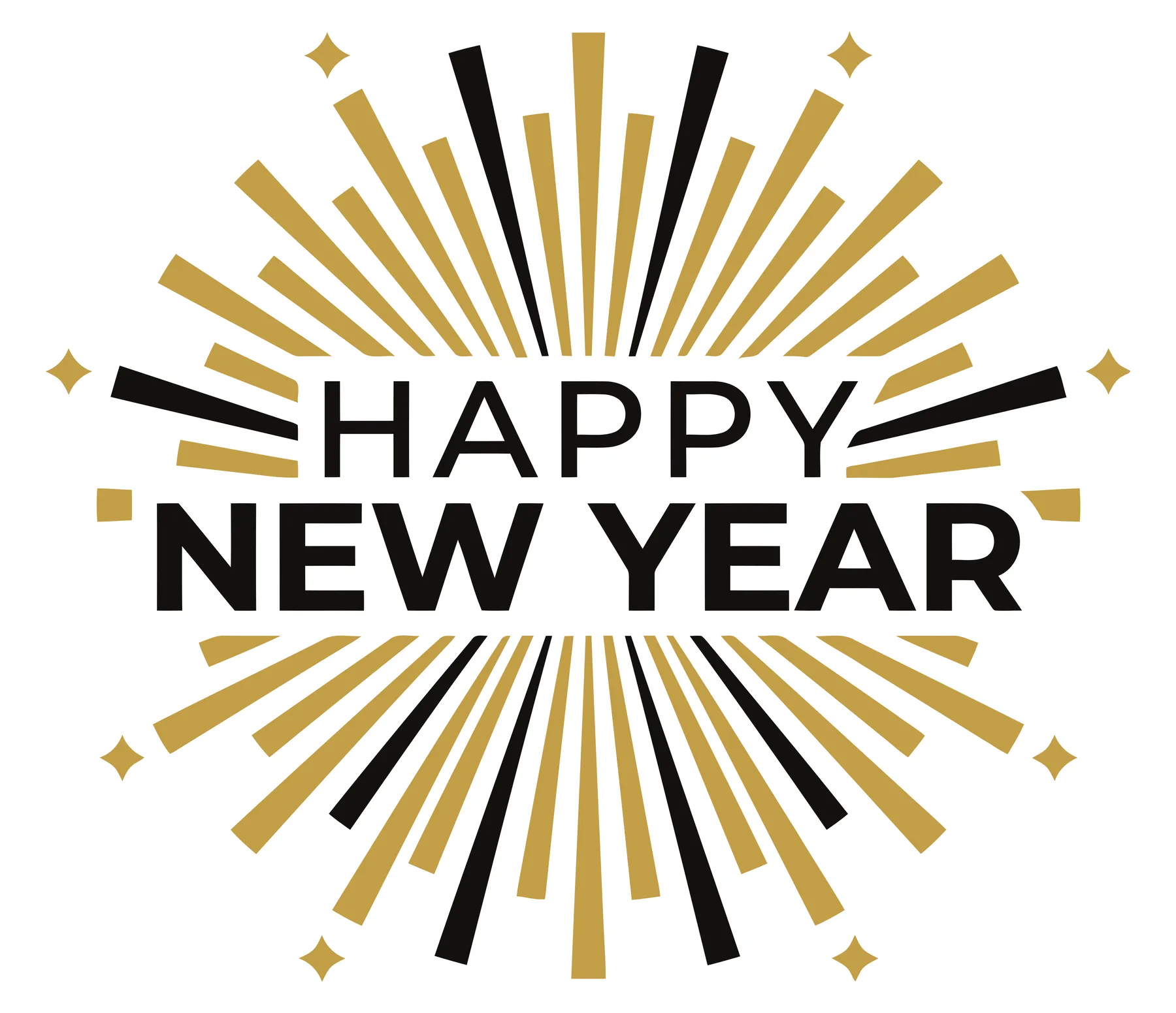 Happy New Year Celebration with Gold and Black Fireworks Design