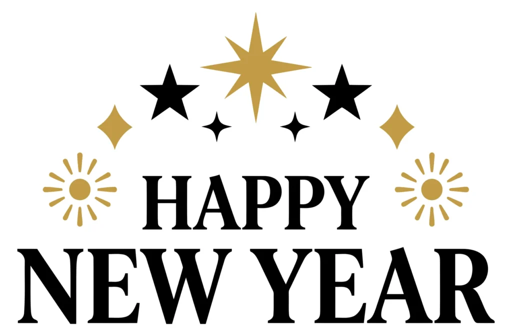happy new year text with gold and black stars and fireworks