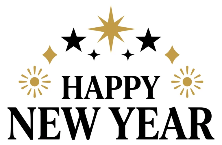 happy new year text with gold and black stars and fireworks