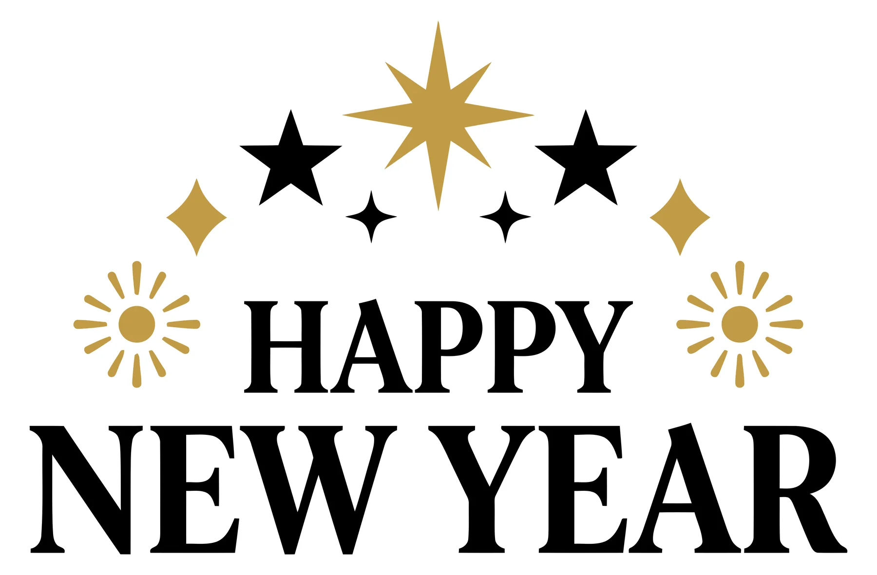 Happy New Year Greeting with Gold and Black Stars