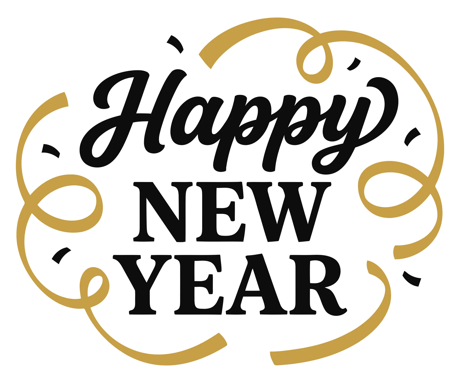 Happy New Year Text with Elegant Gold Swirls