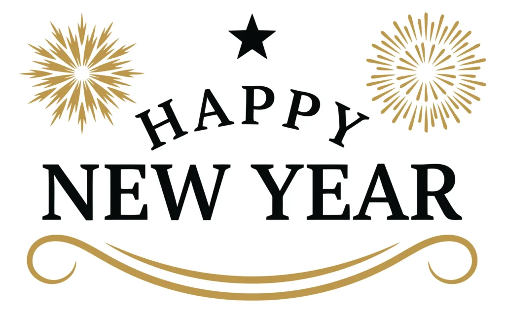 happy new year typography with fireworks and star