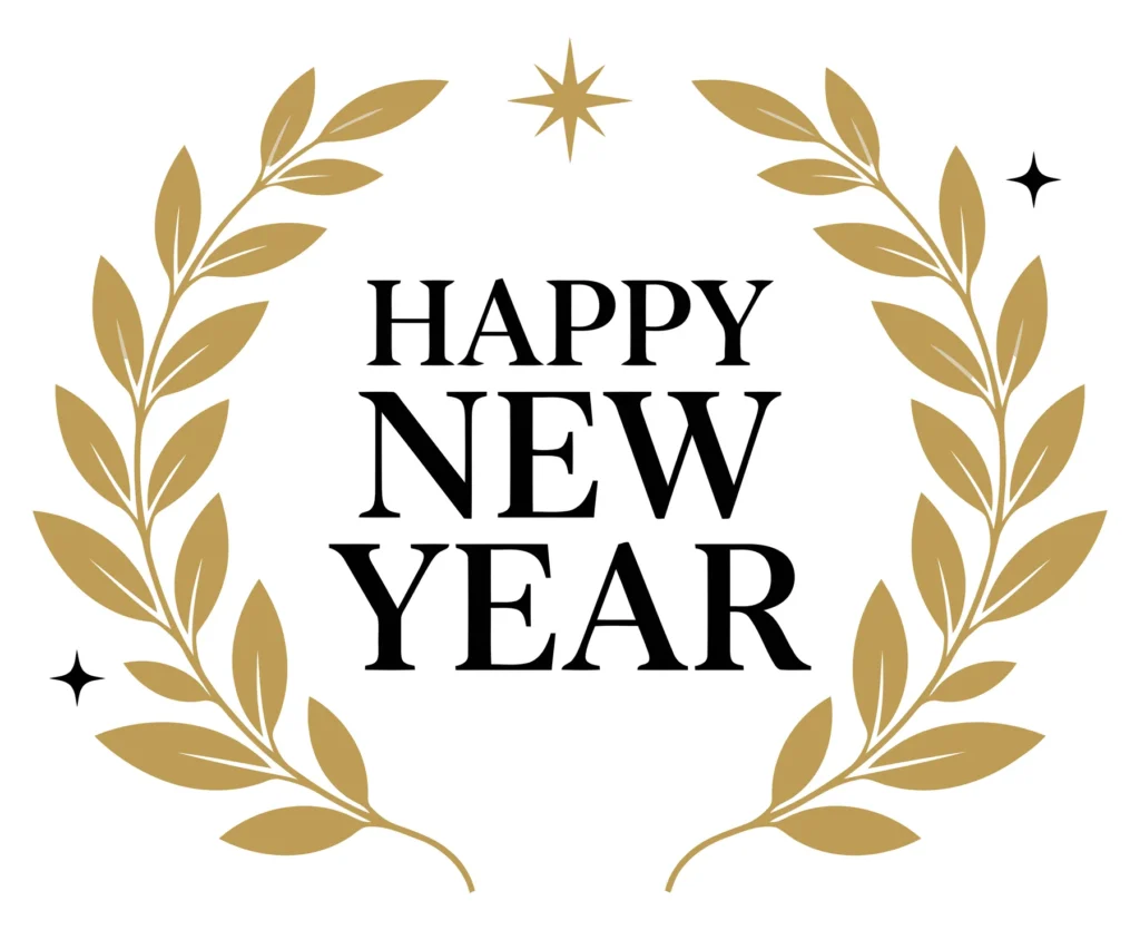 happy new year typography with golden laurel wreath