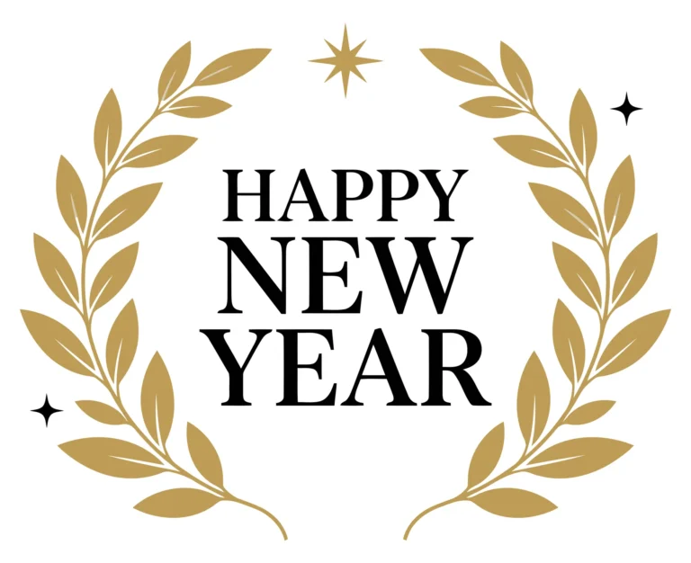 Happy New Year Typography with Golden Laurel Wreath