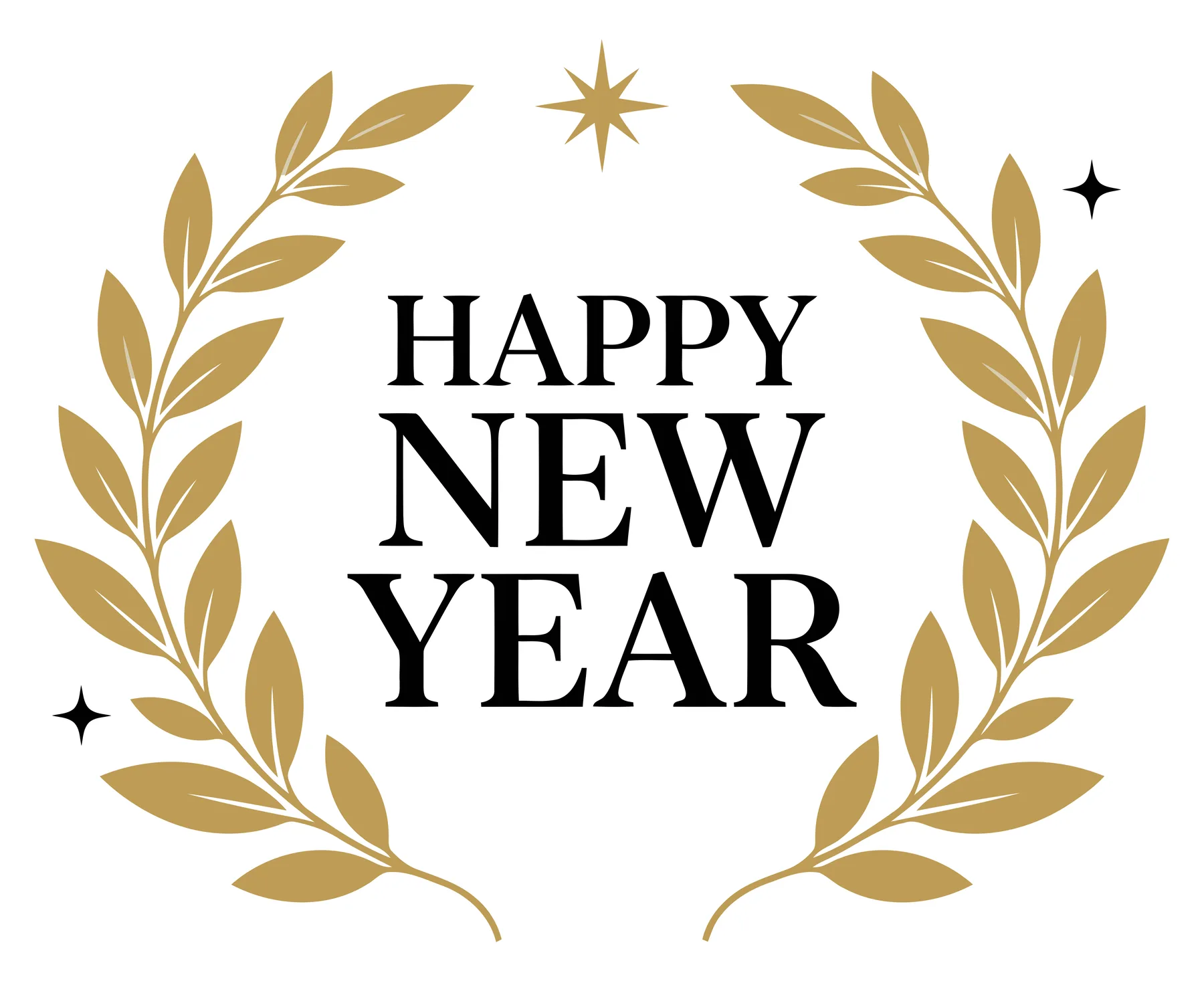 Happy New Year Typography with Golden Laurel Wreath