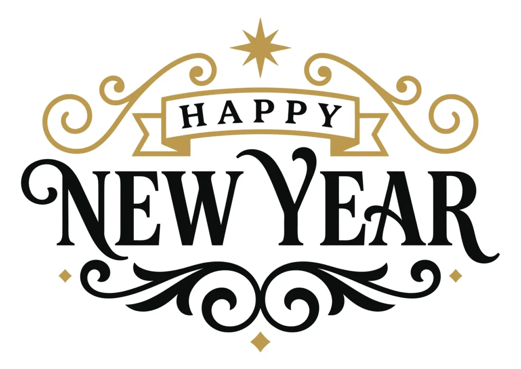 happy new year vintage typography, elegant decorative design with flourishes and ribbon, holiday greeting