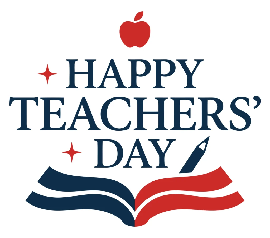 happy teachers day greeting with red apple and open book