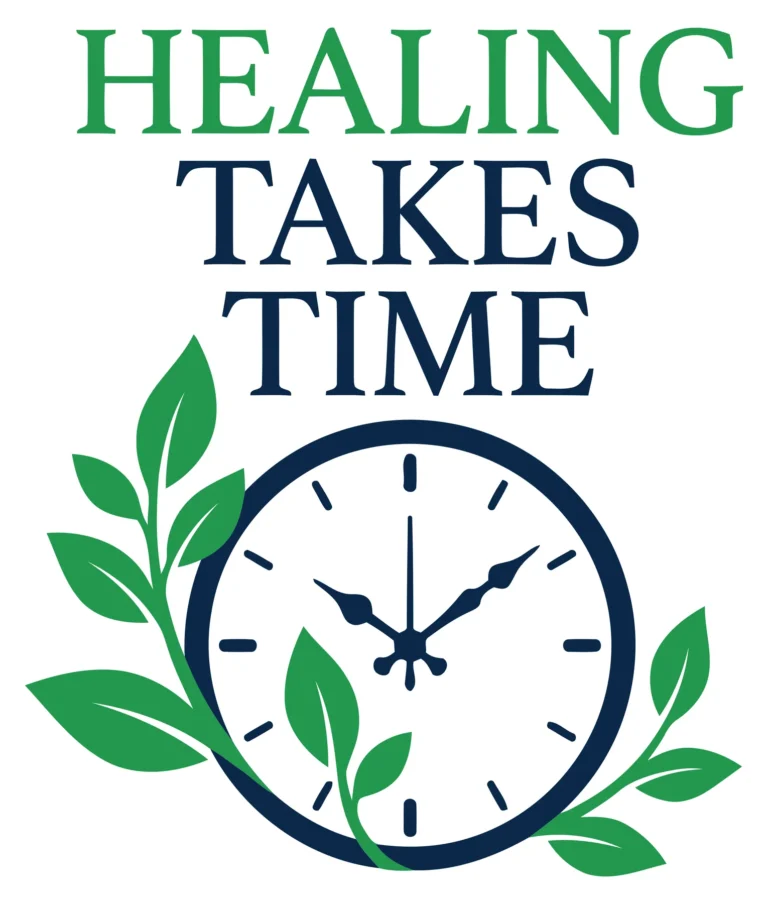 healing takes time typography with clock and leaves illustration