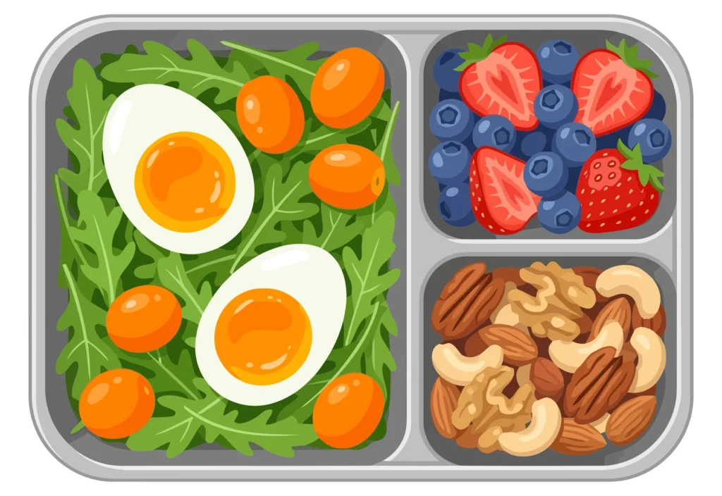 healthy bento lunch box with boiled eggs, arugula, cherry tomatoes, mixed berries, and assorted nuts