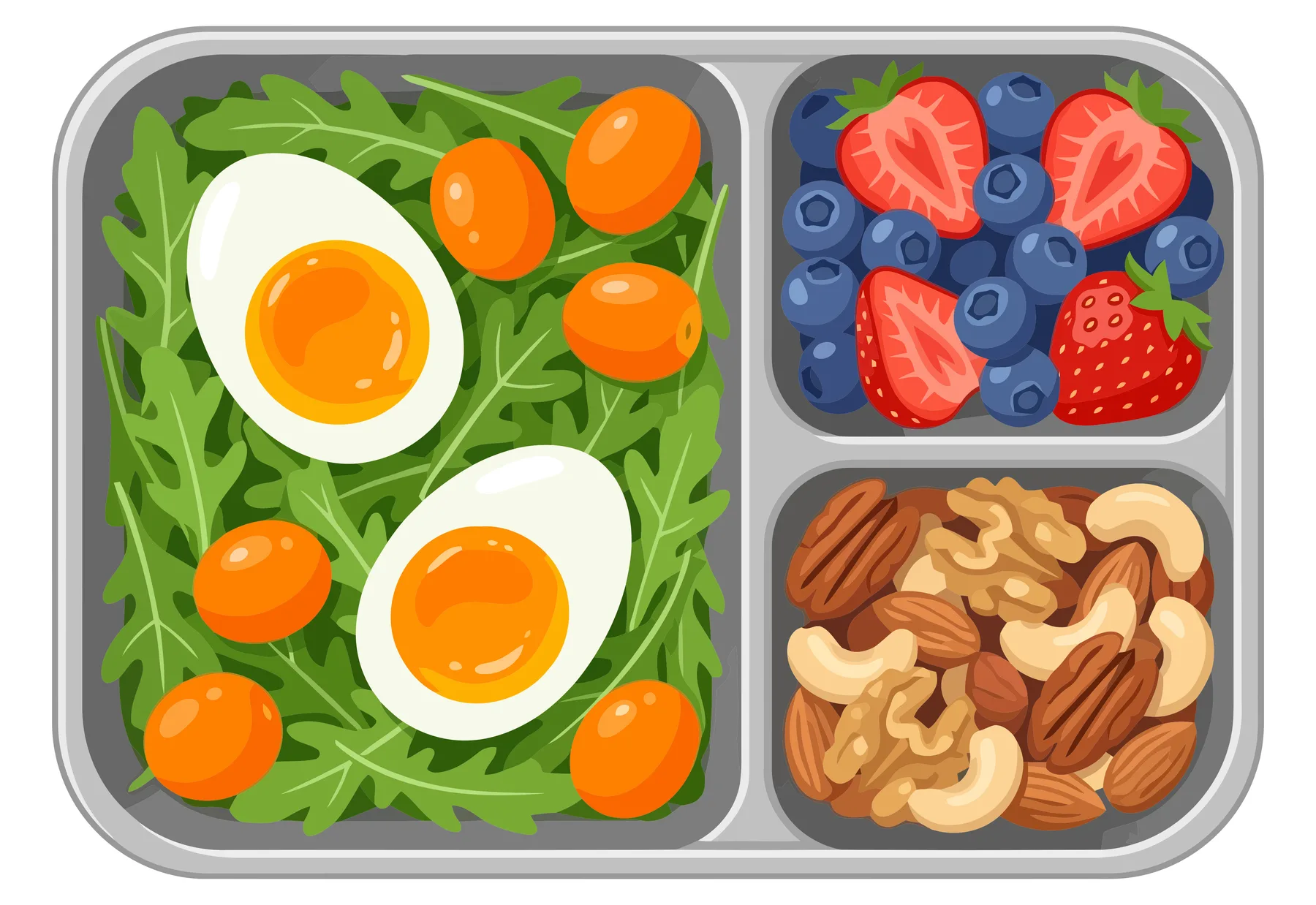 Colorful Healthy Bento Box with Eggs, Berries, and Nuts