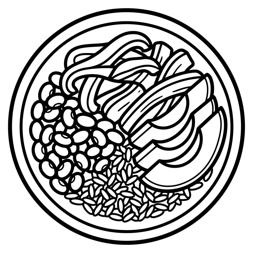 healthy food bowl with beans rice and sliced avocado line art illustration