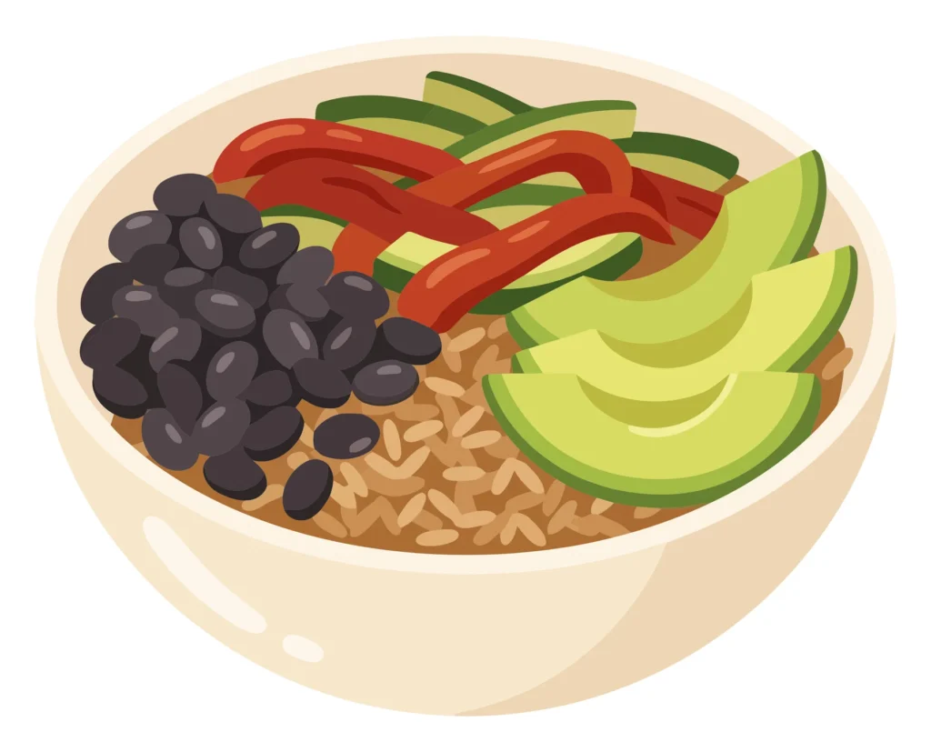 healthy food bowl with rice, beans, avocado, and vegetables