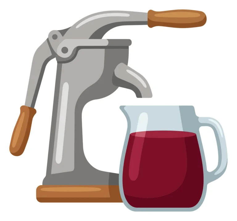 heavy duty fruit press or wine press with a pitcher of dark red juice vector illustration