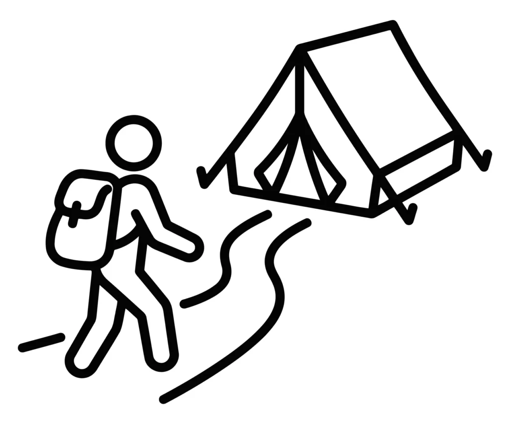 hiker with backpack walking towards a camping tent icon