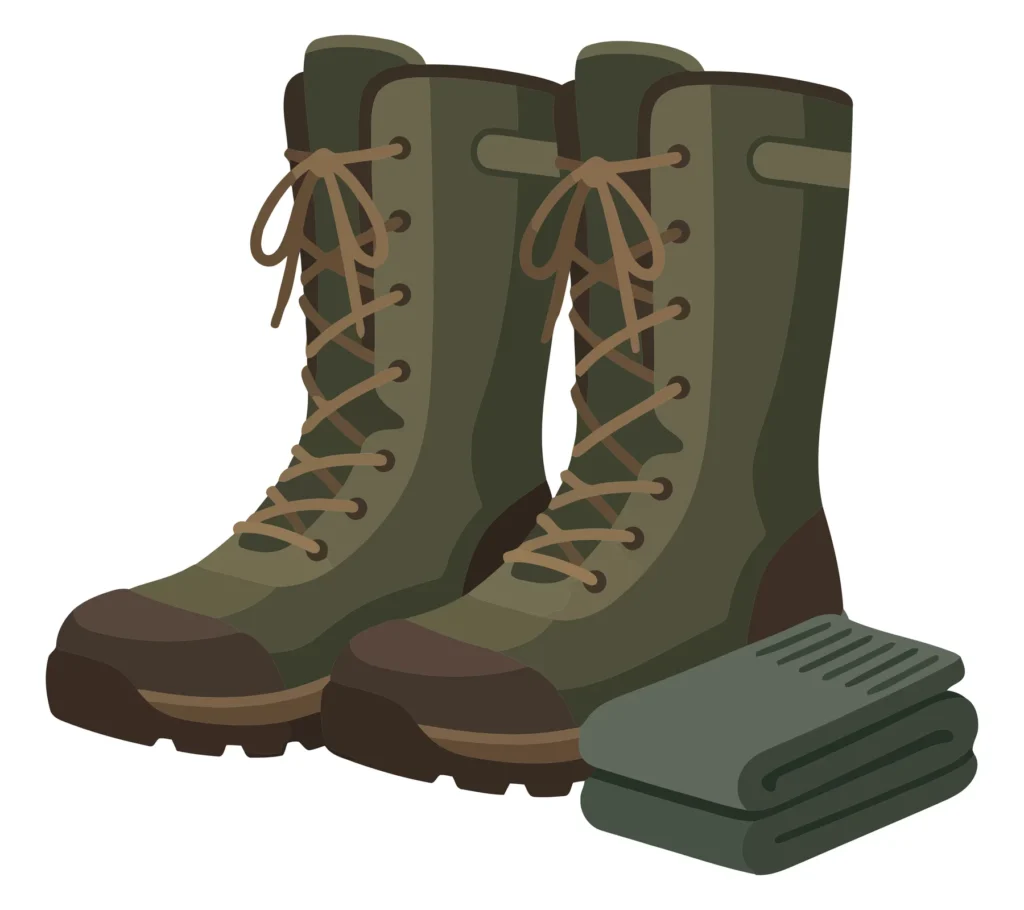 hiking boots and folded blanket on white background