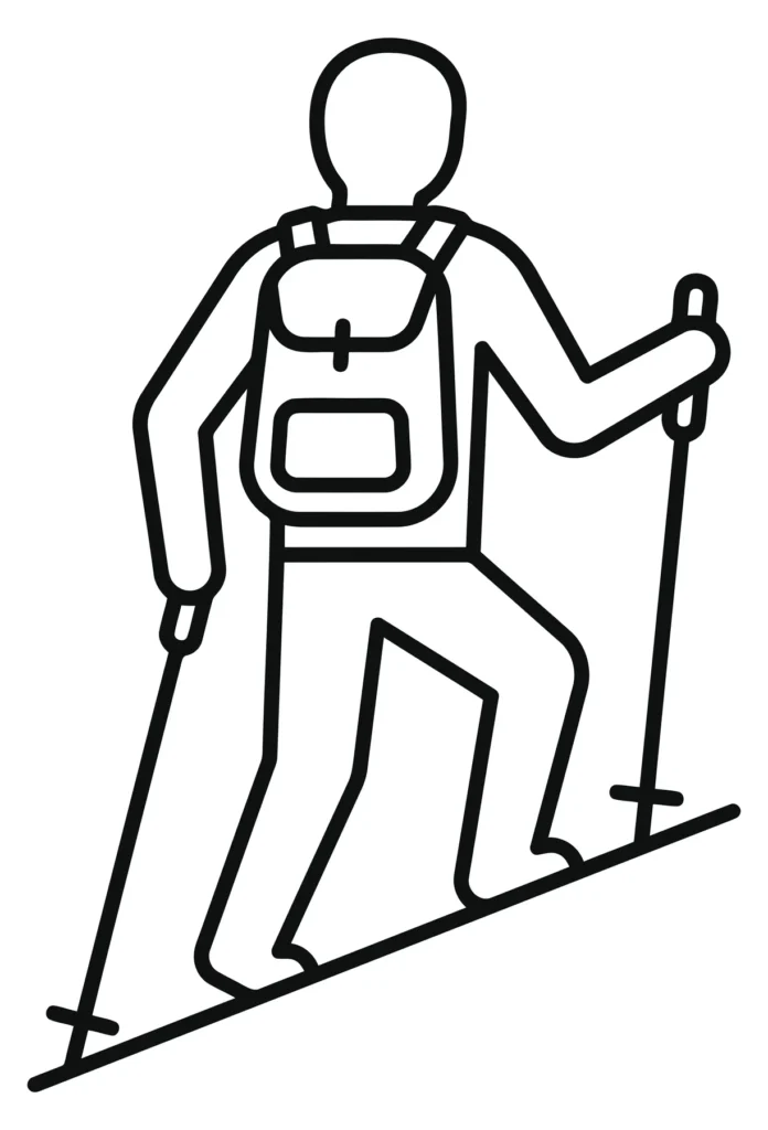 hiking person with backpack and trekking poles icon