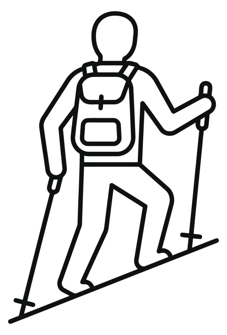 hiking person with backpack and trekking poles icon