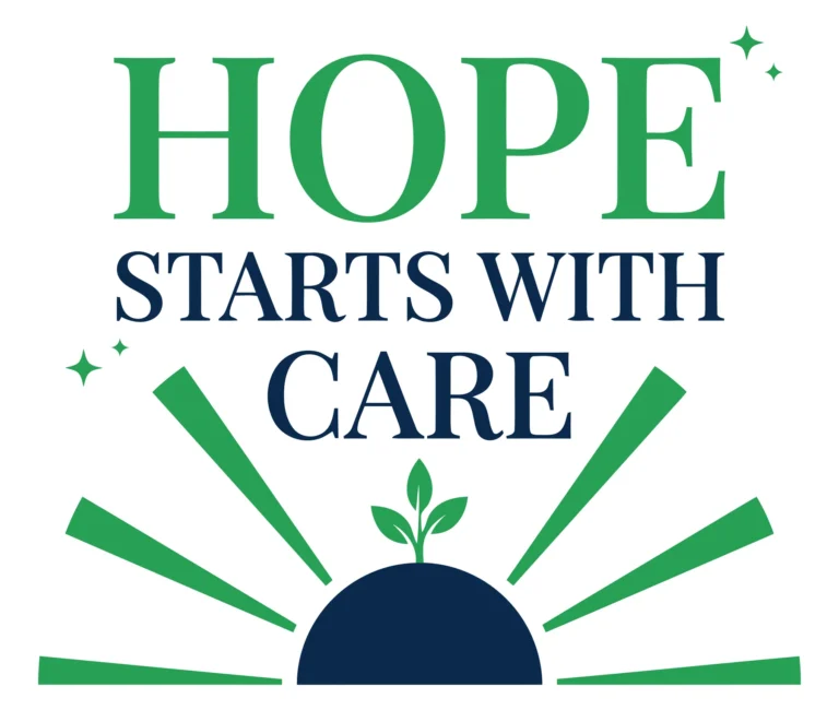 hope starts with care typography with sunrise and sprout icon
