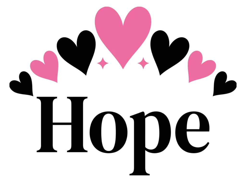 hope text logo with pink and black hearts crown