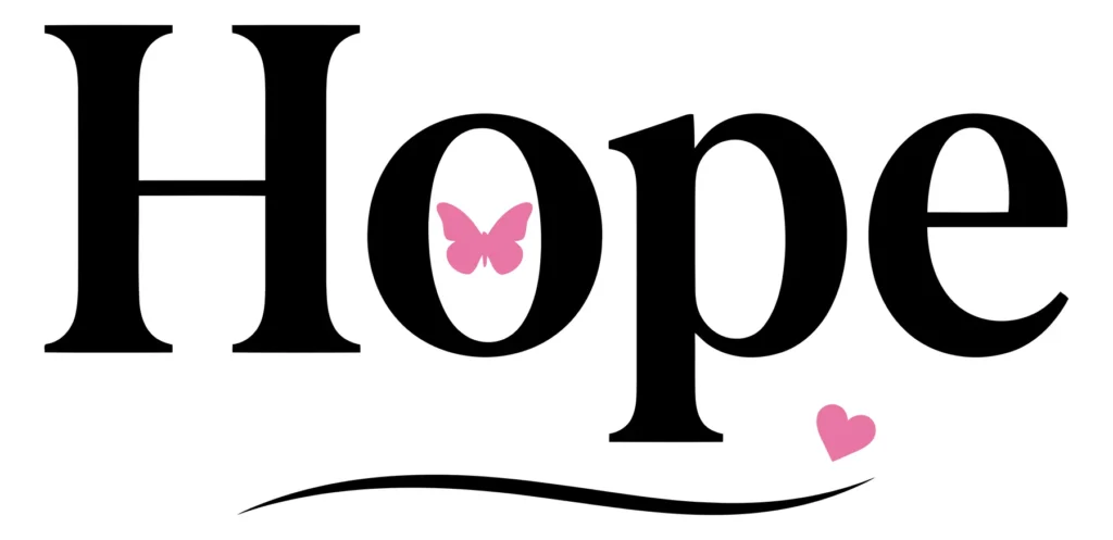 hope text logo with pink butterfly in letter o and heart with underline