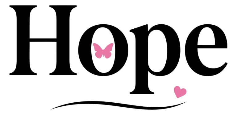 hope text logo with pink butterfly in letter o and heart with underline