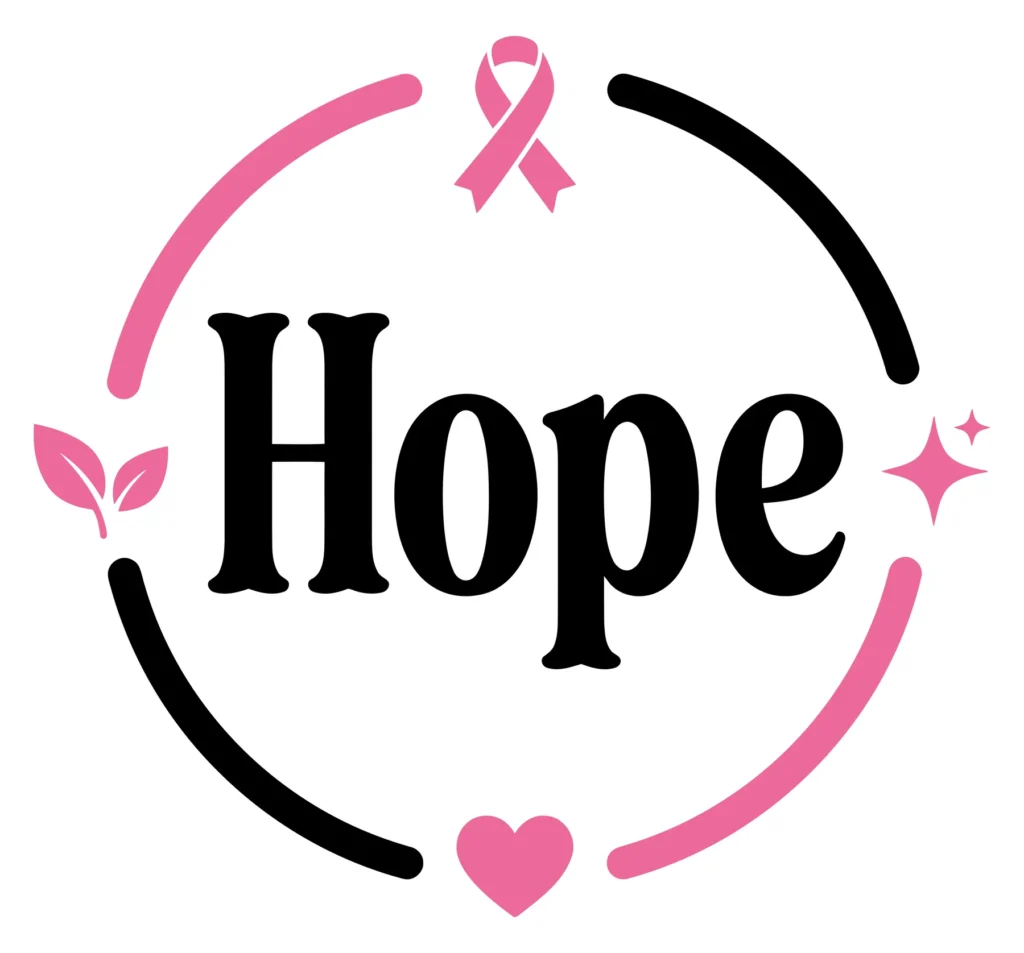 hope word inside a circular frame with pink ribbon, heart, and leaves