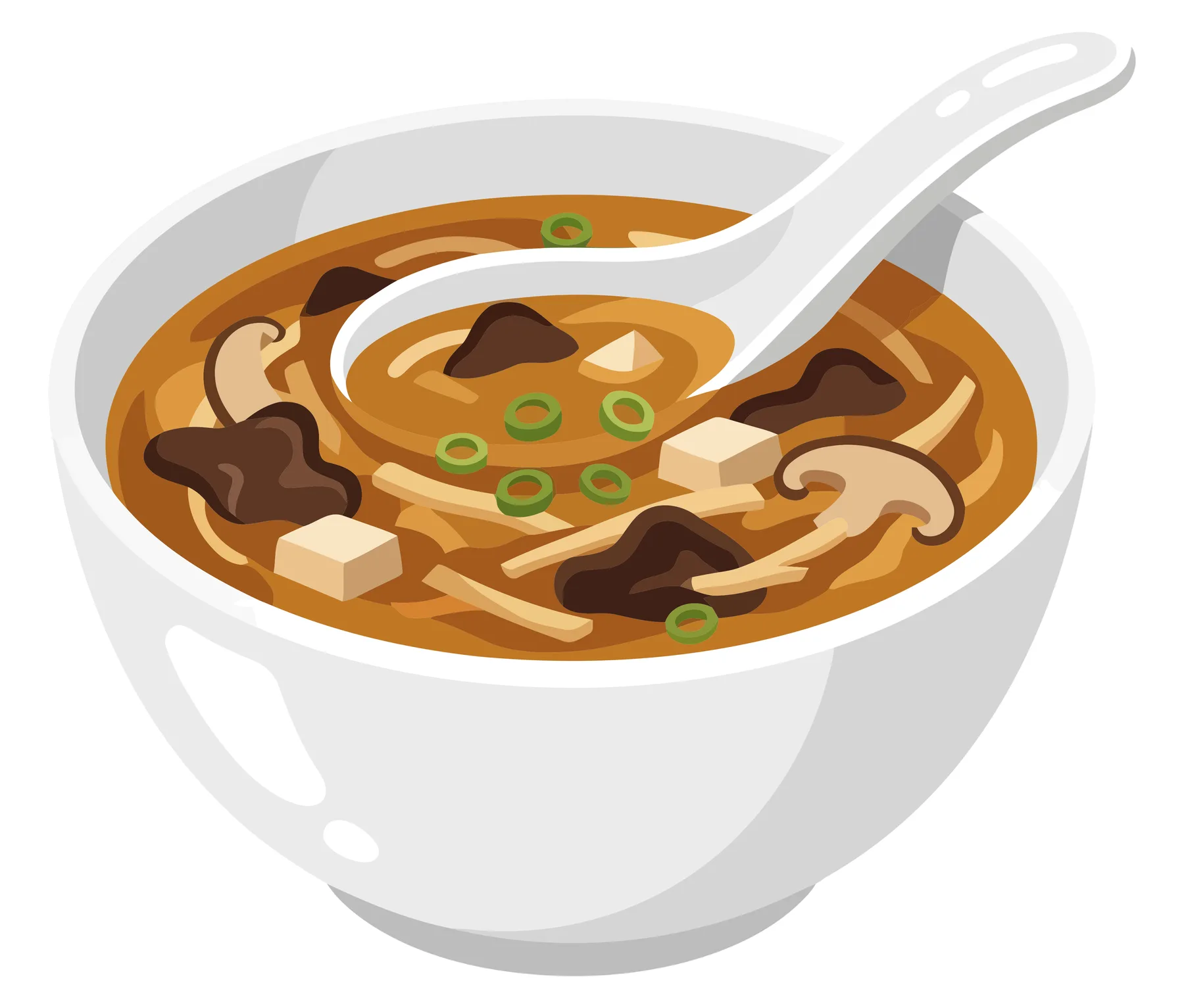 hot and sour soup in a white bowl with a spoon, featuring tofu, mushrooms, and green onions, vector illustration